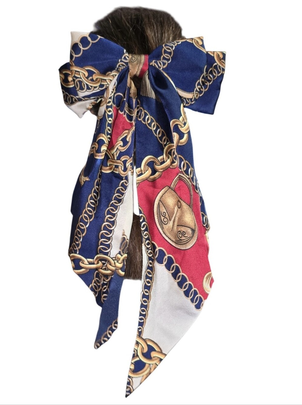 #B65 Silk-Feel Chain Print Bow Hair Scarf - Blue/Red/White - Picture 1 of 3